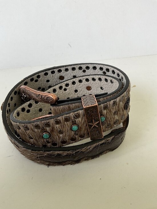 Western Leather Hair On Cowhide Belt Turquoise Stone Copper Buckle Tooled Tip 36 main image 4